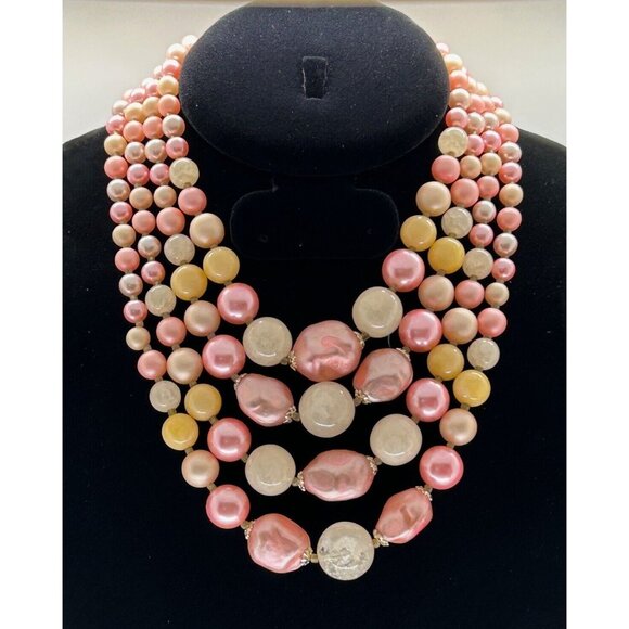 Japan Faux Pearls Necklace Earrings Pink Acrylic 4 Strands Clip-On Statement - Picture 4 of 16